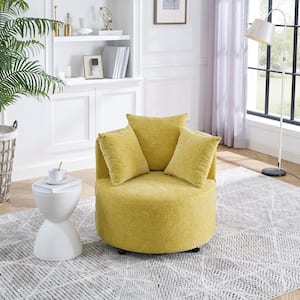 Yellow Velvet Upholstered Accent Swivel Chair Barrel Living Room Sofa Chair with Movable Wheels and 3-Pillows