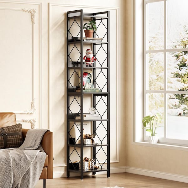 79 in. Tall Narrow Black Wood 7-Shelf Etagere Bookcase Bookshelf with Sturdy Metal Frame for Living Room, Bedroom