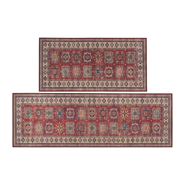 Minot Red 2 ft. x 6 ft. Geometric 2-Piece Rug Set