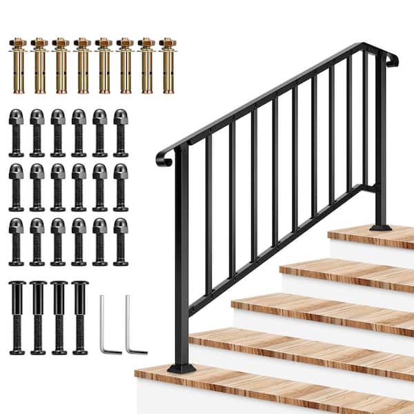 Angel Sar 69 in. x 36 in. Black Metal Outdoor 1 to 5 Step Handrail, Stair Railing with Curved End and Balusters