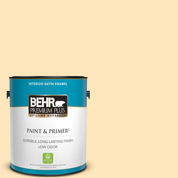 BEHR PREMIUM PLUS 1 gal. #350C-2 Banana Cream Satin Enamel Low Odor Interior Paint & Primer