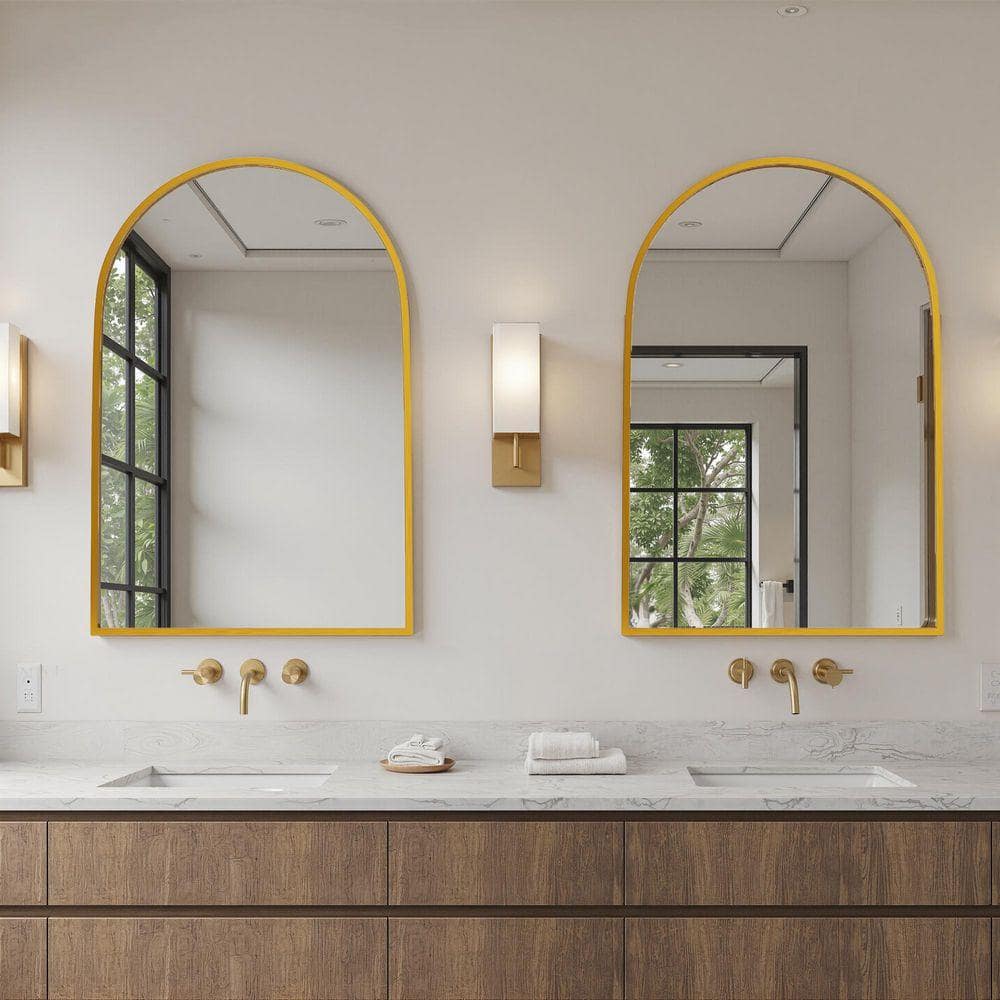 PexFix Gold 24 in W x 36 in. H Modern Arch Aluminum Alloy Framed Wall Vanity Mirror Wall Decor for Bathroom, Set of 2 HD0203-RM04