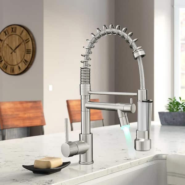 Single Hole Double Handle Pull Down Sprayer Kitchen Faucet with LED Light in Brushed Nickel