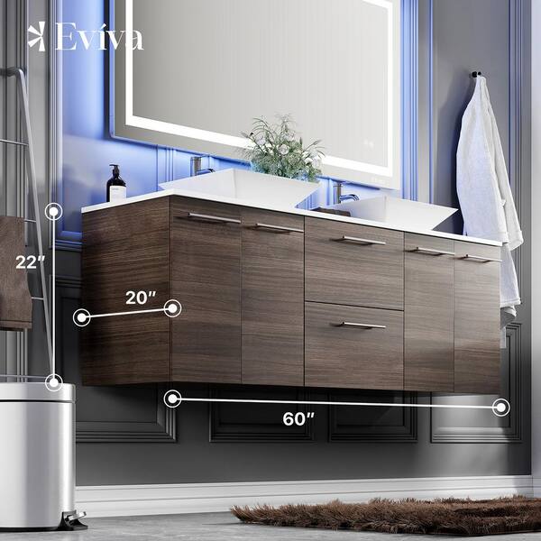 Eviva Lux 60 in. W x 21 in. D x 26 in. H Floating Bath Vanity in Gray Oak with White Tempered Glass Top