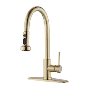 Single Handle Deck Mount Gooseneck Pull Down Sprayer Kitchen Faucet with Deckplate Handles in Brushed Gold