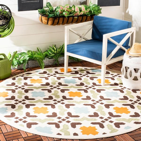 Veranda Cream/Terracotta 7 ft. x 7 ft. Round Floral Indoor/Outdoor Patio  Area Rug