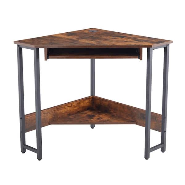 LUCKY ONE 28.34 in. Triangle Computer Desk Brown Corner Desk with Keyboard Tray