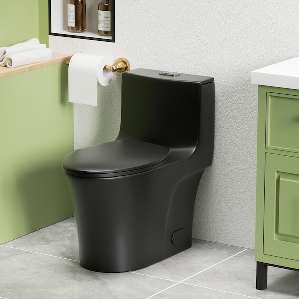 Dual-Flush Elongated 1-Piece Toilet in Matte Black with Water-Saving Soft Closing Seat 1000 Gram Map Flushing Score
