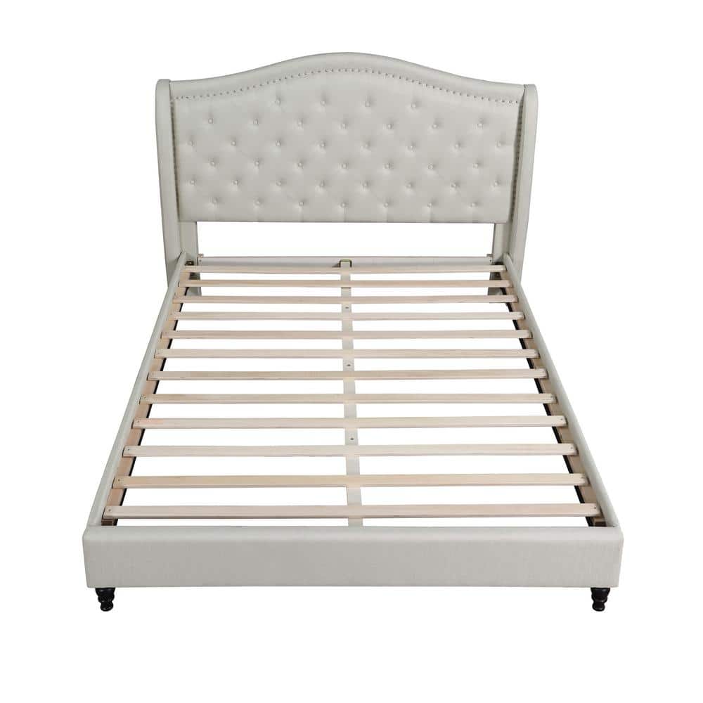 King Cream Upholstered Tufted Platform Bed with Nailhead Trim