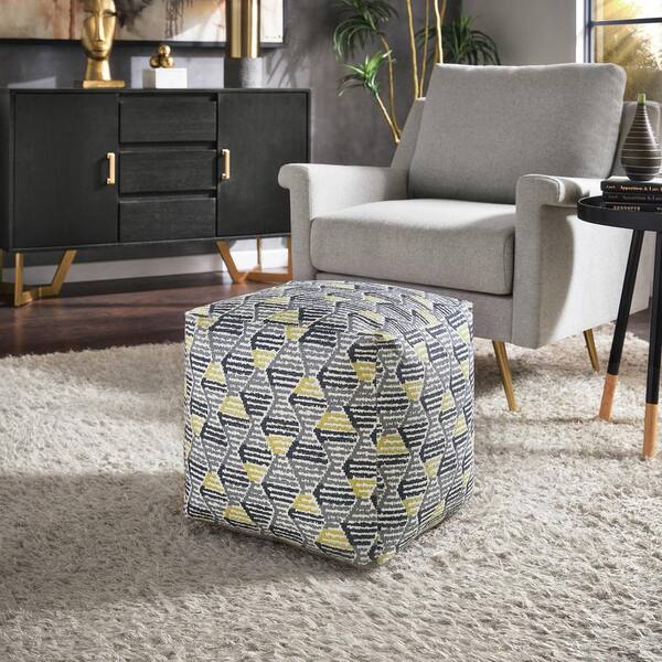 Beige Cotton Square Pouf With Argyle Pattern Beige Cotton Square Pouf With Argyle Pattern