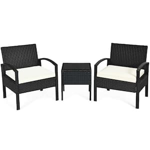 3-Piece Wicker Patio Conversation Set with White Cushions and Compact Size Table