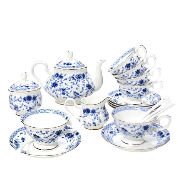 Accent Plate Ceramic 21-Piece Blue Vintage Bone China 6-Cup Tea Set Porcelain with Teapot Saucers Spoons Sugar