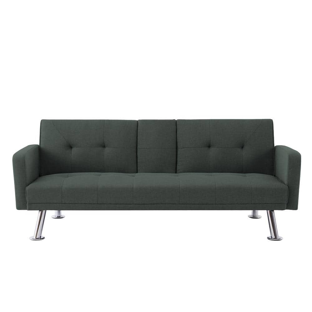 Spaco 73.23 in. Dark Grey Modern Fabric Convertible Folding Twin Sofa Bed with Armrest and 2Cup