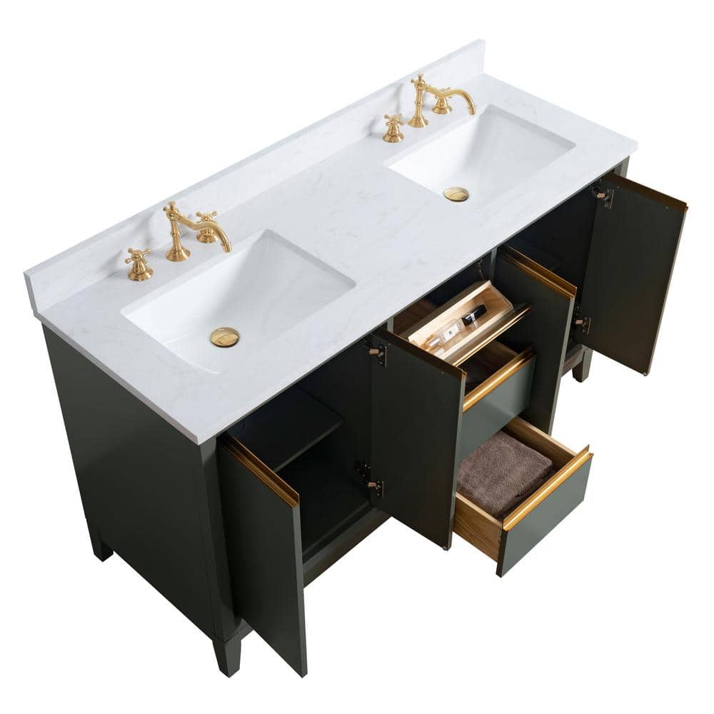 60" Vintage Green Double Sink Bathroom Vanity with Engineered Marble Top