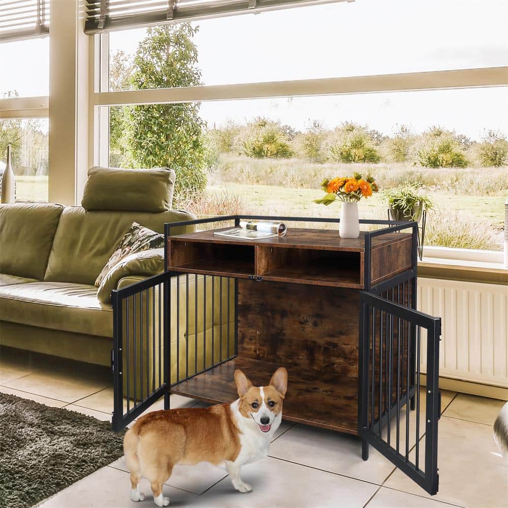 38.6" Rustic Brown Metal and MDF Dog Cage with Storage
