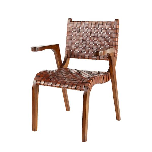 Litton Lane Golden Brown Teak Wood and Top Grain Leather Dining Chair