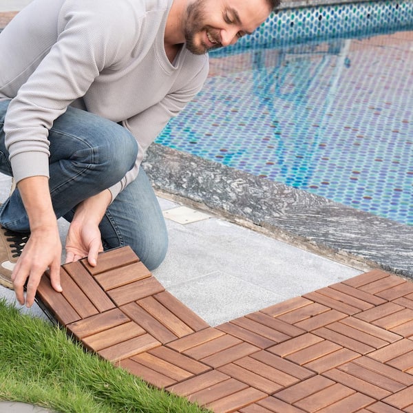 GOGEXX 12 in. x 12 in.Brown Square Acacia Wood Interlocking Flooring Deck Tiles Checker Pattern Outdoor Patio(Pack of 10 Tiles)