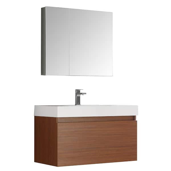 Fresca Mezzo 36 in. Vanity in Teak with Acrylic Vanity Top in White with White Basin and Mirrored Medicine Cabinet