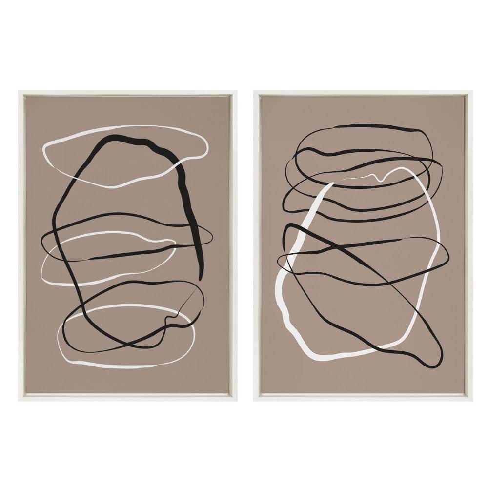 Brown Black and White Abstract Canvas Art Set with White Frame