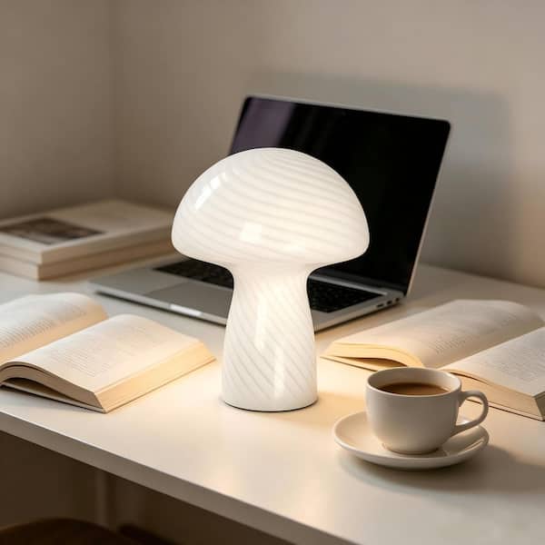 9 in. White Stripes Glass Mushroom Bedside Table Lamp
