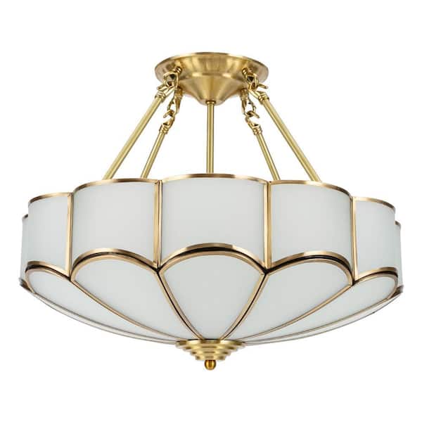 17.7 in. 4-Light Gold Vintage Semi-Flush Mount Ceiling Light with Glass Shade for Bedroom Living Room, No Bulbs Included