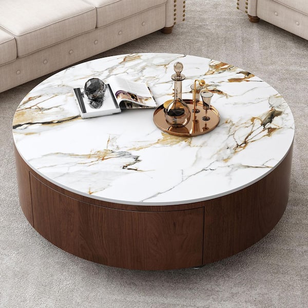 35.4 in. Walnut Brown Round Faux Marble Sintered Stone Top Coffee Table with 2 Drawers, Modern Living Room Center Table