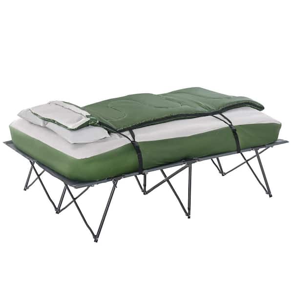 Outsunny Full Metal Polyester Collapsible Camping Cot Bed Set with Sleeping Bag, Inflatable Air Mattress and Pillows