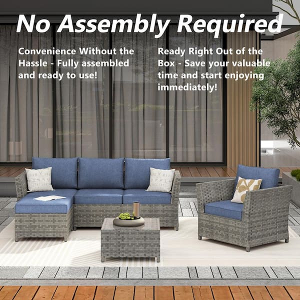XIZZI Bella Gray 6-Piece Wicker Outdoor Sectional Set with Denim