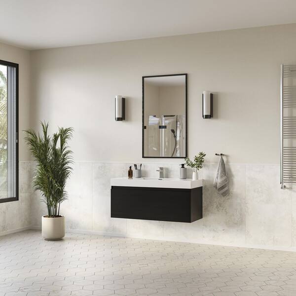 Mezzo 48 in. Modern Wall Hung Bath Vanity in Black with Vanity Top in White with White Basin
