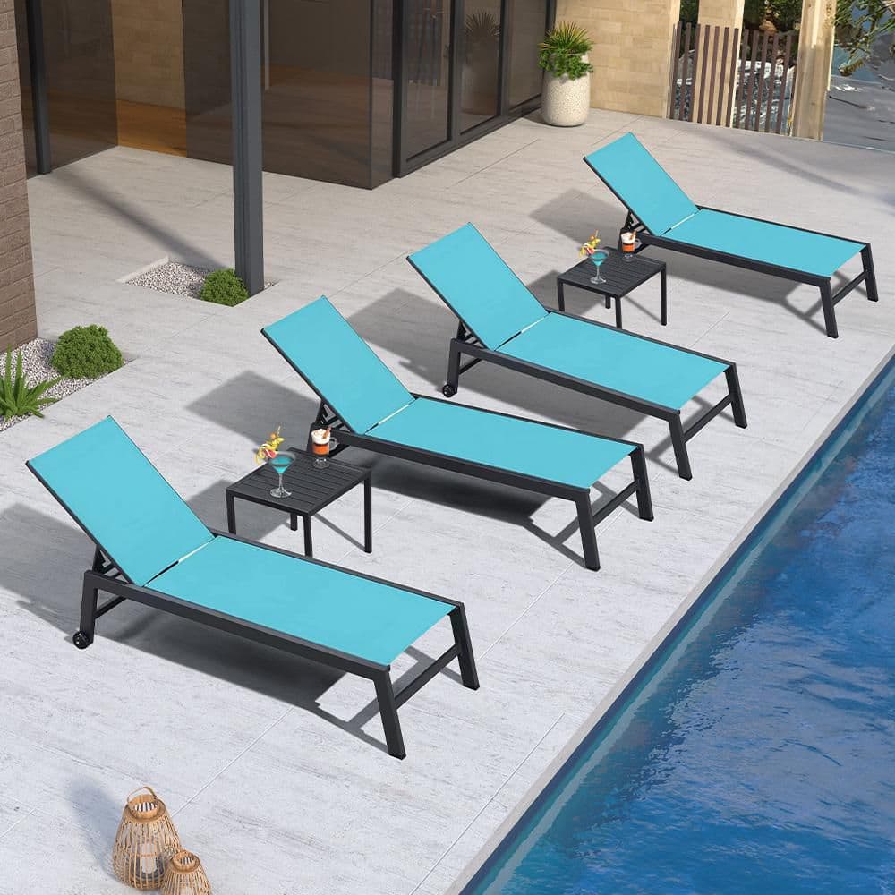 Textilene Outdoor Metal Pool Lounge Chairs with Side Table and Wheels, Turquoise Blue(Set of 4) price history on PriceWatchPro