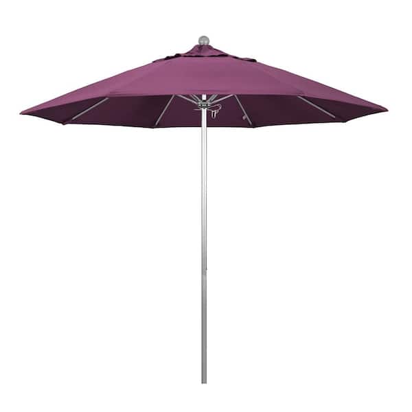 California Umbrella 9 ft. Silver Aluminum Commercial Market Patio Umbrella with Fiberglass Ribs and Push Lift in Iris Sunbrella