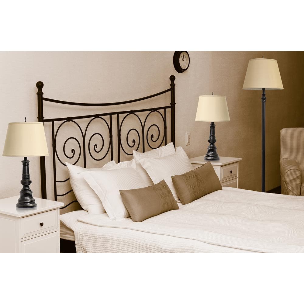 Elegant 3-Piece Bronze Lamp Set with Tan Fabric Shades