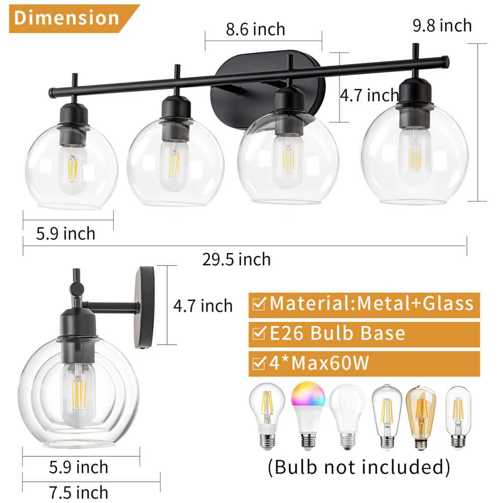 Matte Black 4-Light Globe Glass Bathroom Vanity Fixture