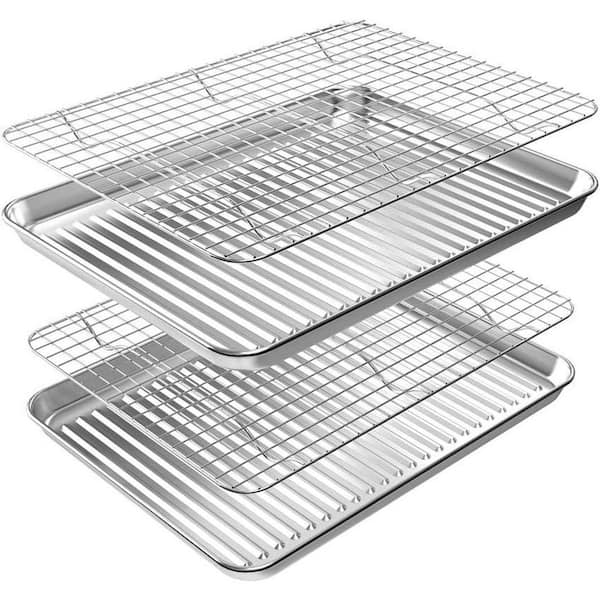 4-Piece Stainless Steel Nonstick Grill Pan Set with Cooling Rack, Warp Resistant, Rust Free, Silver