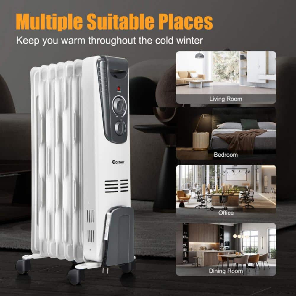 White 1500W Oil-Filled Radiator Heater with Thermostat and Auto Shut-off