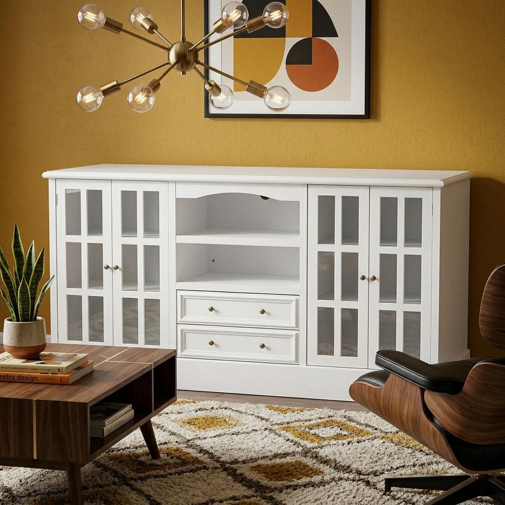 White 40.6 in. H Accent Cabinet, Office Storage Cabinet, TV Console with 4 Glass Doors, 8-Shelves & 2 Drawers