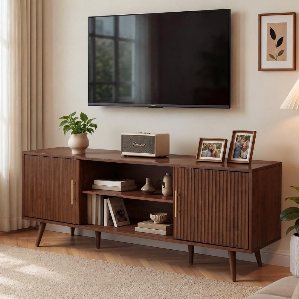 70 in. Dark Brown Fluted Accent TV Stand with Solid Wood Legs for TVs up to 75 in. Bedroom or Living Room price history on PriceWatchPro
