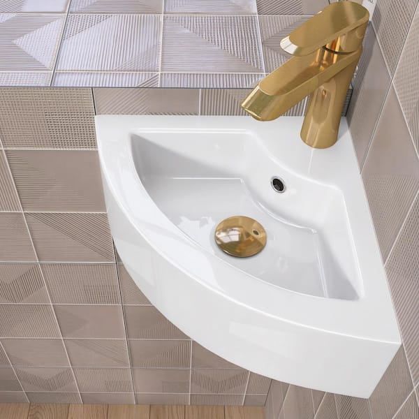 18 in Ceramic RV Sink Wall-Mounted Triangular Bathroom Corner Sink with Single Faucet Hole in White Floating Vessel Sink