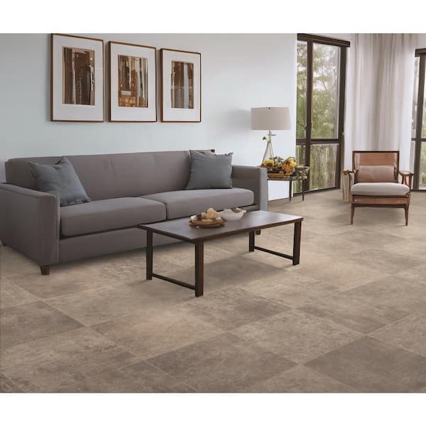 Fischer Grey Tile 16 MIL 13.2 ft. W x Cut to Length Waterproof Vinyl Sheet Flooring