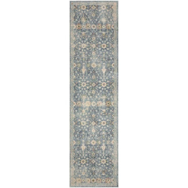 Nourison Astra Machine Washable Teal Beige 2 ft. x 6 ft. Distressed Traditional Runner Area Rug