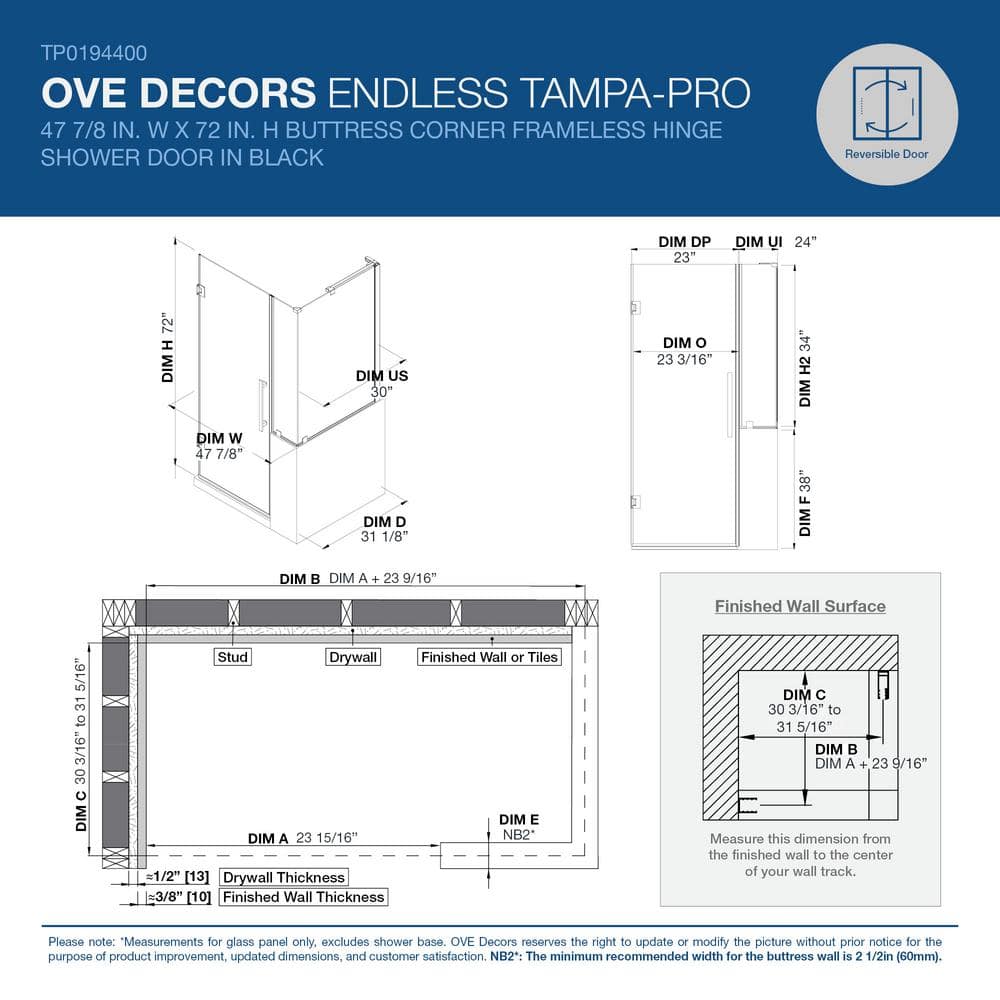 Tampa-Pro Black Frameless Corner Shower Enclosure with Tempered Glass