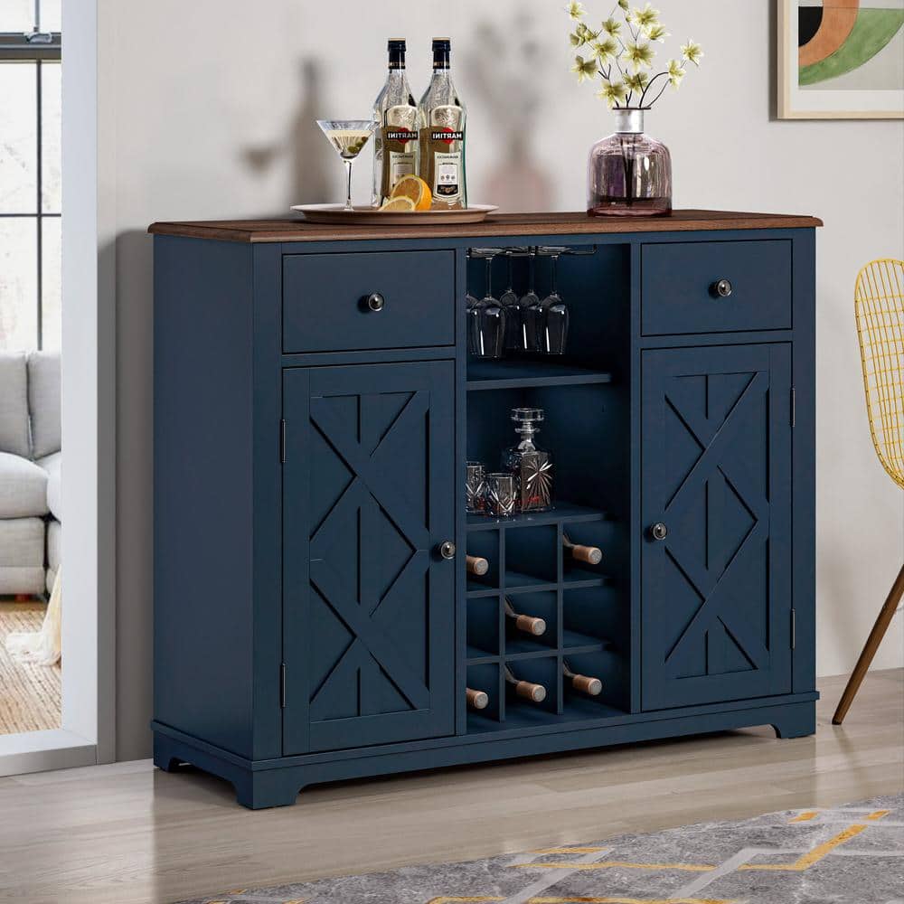 Navy Blue 47" Wood Bar Cabinet with Wine Rack and Nickel Knobs