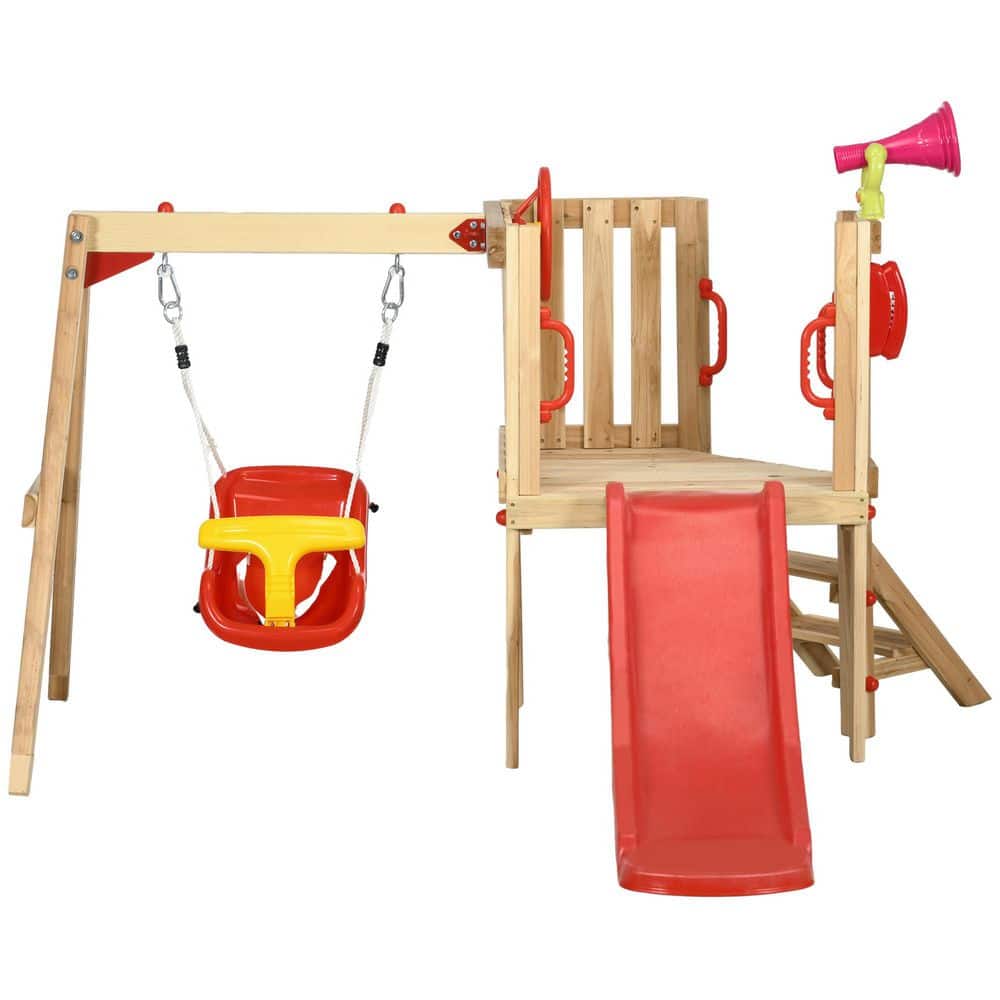 4 in 1 Wooden Swing Set Outdoor Playset with Baby Swing Seat, Toddler Slide, Captain's Wheel, Horn price history on PriceWatchPro