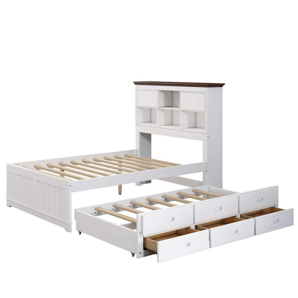 URTR White Wood Frame Full Size Platform Bed with Bookcase Headboard ...