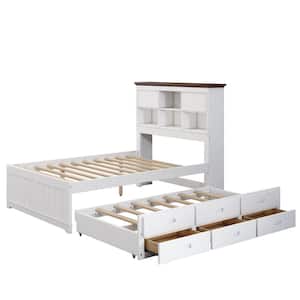 White Wood Frame Full Size Platform Bed with Bookcase Headboard, Captain's Bed with Trundle and Drawers for Kids Adult