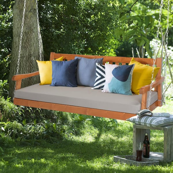 3-Person Brown Wood Porch Swing with Cushion