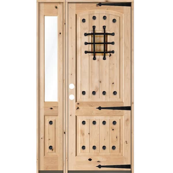 Krosswood Doors 62 in. x 96 in. Mediterranean Knotty Alder Arch Unfinished Right-Hand Inswing Prehung Front Door/Left Half Sidelite