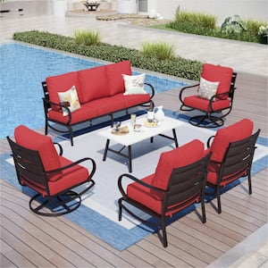 Metal Slatted 7-Seat 6-Piece Outdoor Patio Conversation Set with Red Cushions Table with Marble Pattern Top