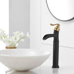 Waterfall Single Hole Single Handle Bathroom Vessel Sink Faucet With Pop Up Drain In Matte Black