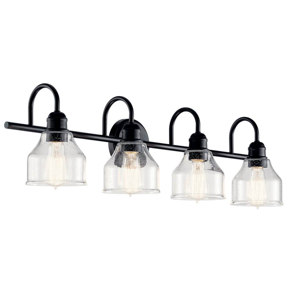 Avery 33.5 in. 4-Light Black Industrial Bathroom Vanity Light with Clear Seeded Glass price history on PriceWatchPro